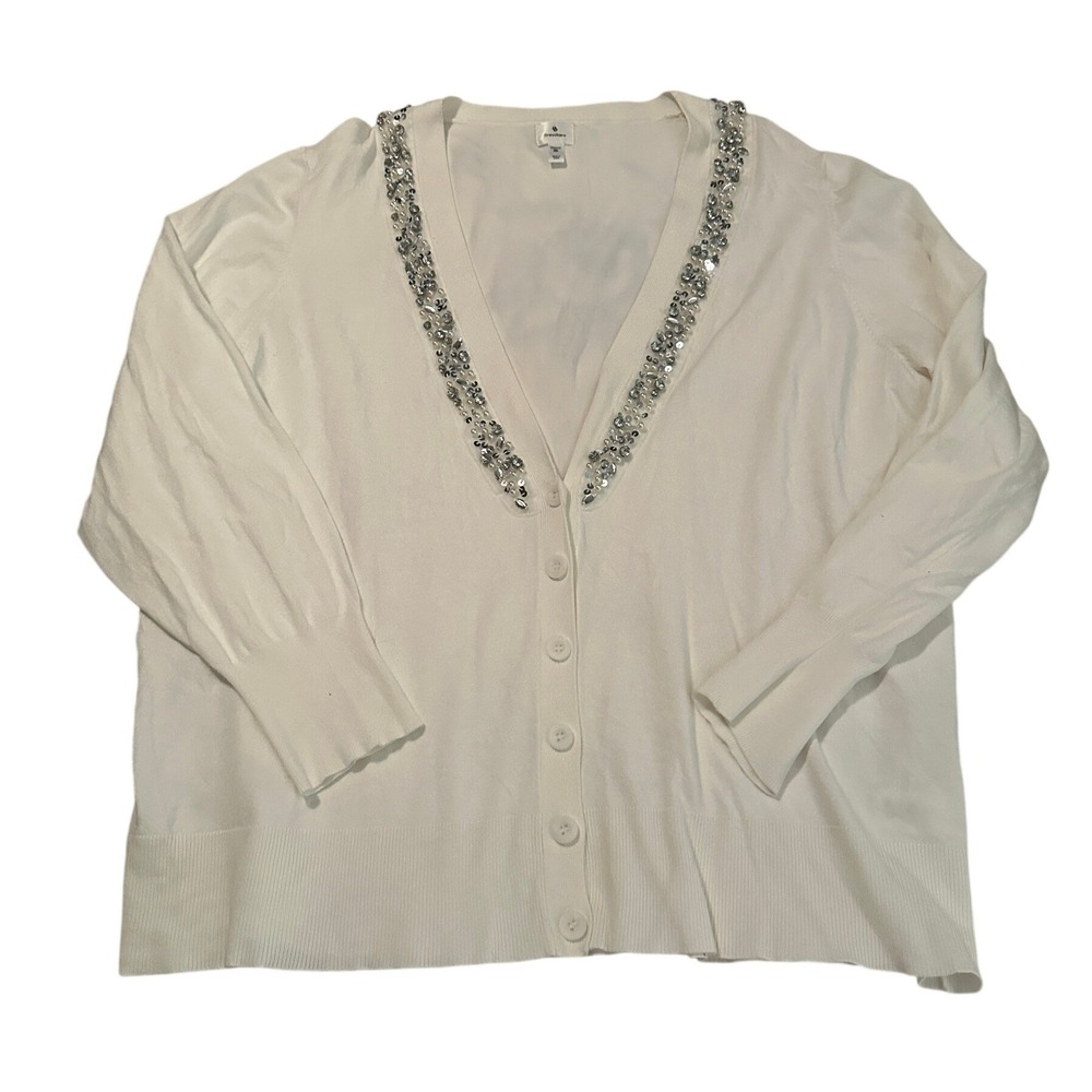 Dressbarn Woman White Sequin‎ Pearl Embellished V-Neck Cardigan Sweater 3X Plus